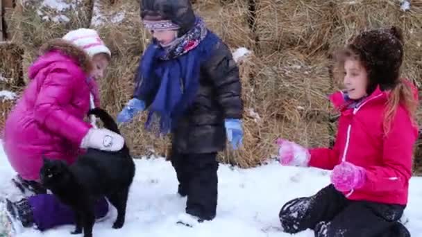 Τρία Παιδιά Και Μαύρη Γάτα Στο Χιόνι Δίπλα Στο Φορμαρισμένο — Αρχείο Βίντεο