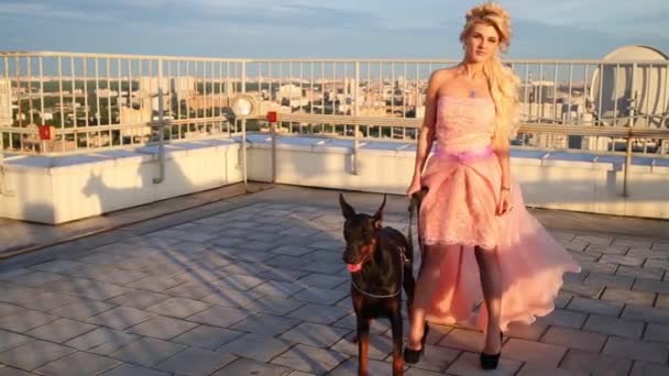 背の高いビルの屋上にドーベルマンと美しい金髪女性持株リーシュ — ストック動画