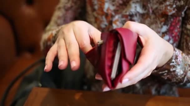 Χέρια Γυναίκα Βγάλε Κέρματα Από Μικρή Τσάντα Κλείνω Πάνω Θέα — Αρχείο Βίντεο
