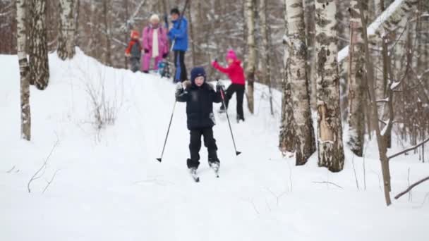 Jongen Dia Ski Van Heuvel Naast Twee Volwassenen Drie Kinderen — Stockvideo