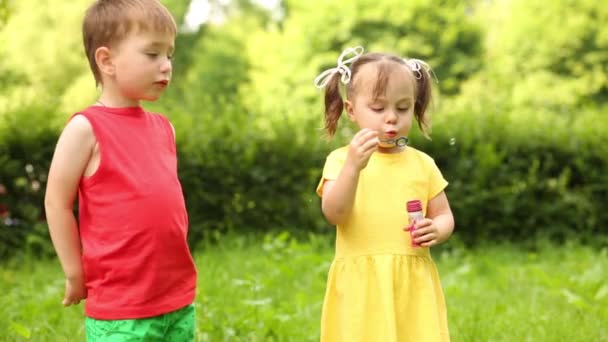 小さな女の子がシャボン玉を吹くし 少年は公園でそれをキャッチ — ストック動画