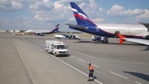 Moscow Rússia Ago 2014 Funcionário Aeródromo Segue Avião Movimento Aeroporto — Vídeo de Stock