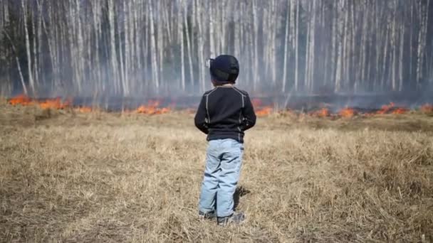 Liten Pojke Med Actionkamera Huvudet Tittar Bränna Gräset Skogen — Stockvideo