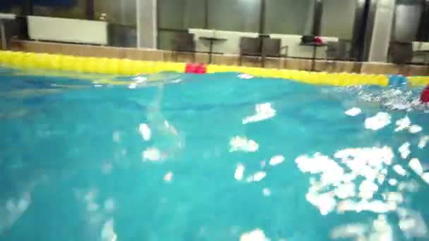 大きな屋内プールでのダイビング キャップ泳ぐ水泳少女 — ストック動画