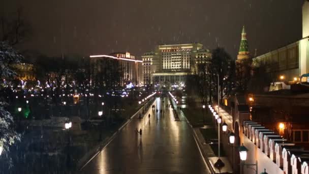 Νύχτα Χιονοπτώσεις Manezhnaya Δρόμο Κατά Μήκος Κρεμλίνο Και Αλέξανδρος Κήπος — Αρχείο Βίντεο