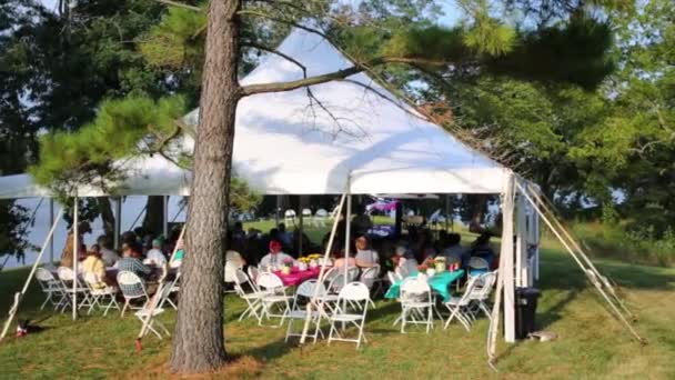 Persone Sotto Tenda Festival Giardino Verde Con Piscina — Video Stock