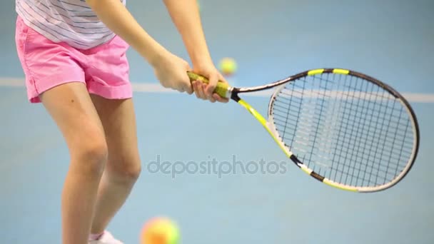 Girl Beats Ball Tennis Training Sport Hall — Stock Video