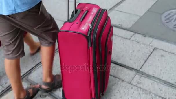 Boy Holding Handle Luggage Going Street — Stock Video