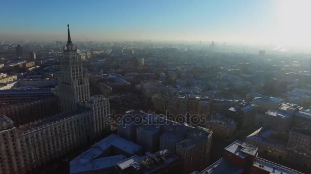 Stadsbilden Tände Solljus Solig Vinterdag Flygfoto — Stockvideo