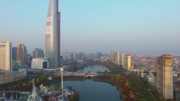 Seoul Nov 2015 Cityscape Com Lotte World Parque Diversões Lago — Vídeo de Stock