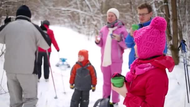 Mädchen Trinkt Tee Kalten Wintertagen Rahmen Vier Erwachsene Und Zwei — Stockvideo