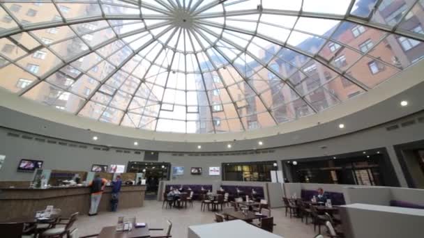 Moscow Russia October 13 2014 Cafe With Glass Roof In A Residential Complex Kaskad Bottom View The Complex Consists Of Several Buildings Height In 8 21 And 23 Floors