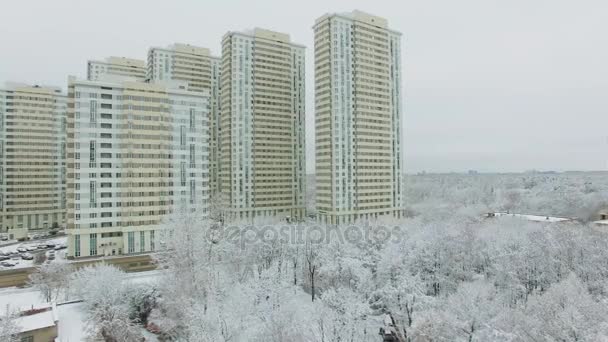 Árboles Cubiertos Nieve Cerca Del Complejo Viviendas Isla Elk Día — Vídeos de Stock