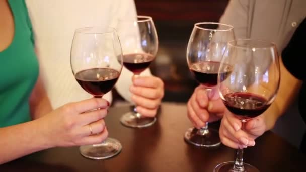 Närbild Nätverkinitiativ Händerna Fyra Vänner Med Vin Glasen — Stockvideo