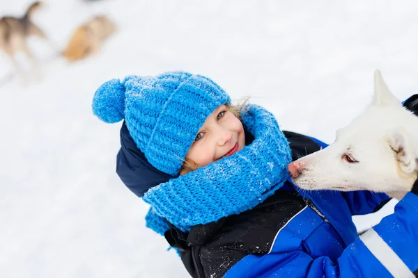 Bambina con cane husky — Foto Stock