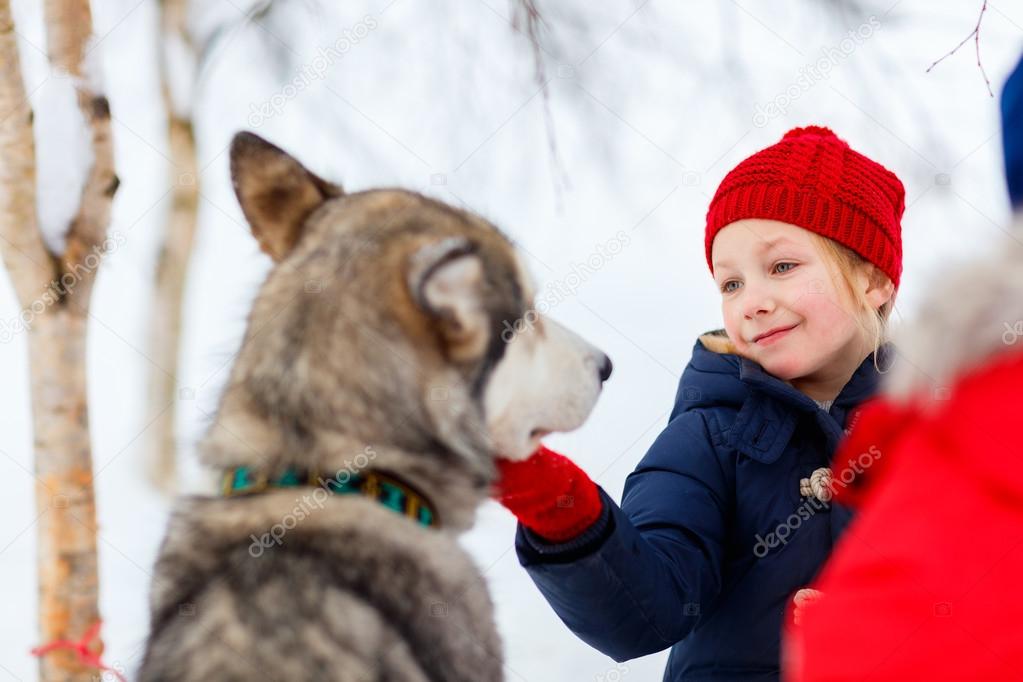 Little girl with husky dog