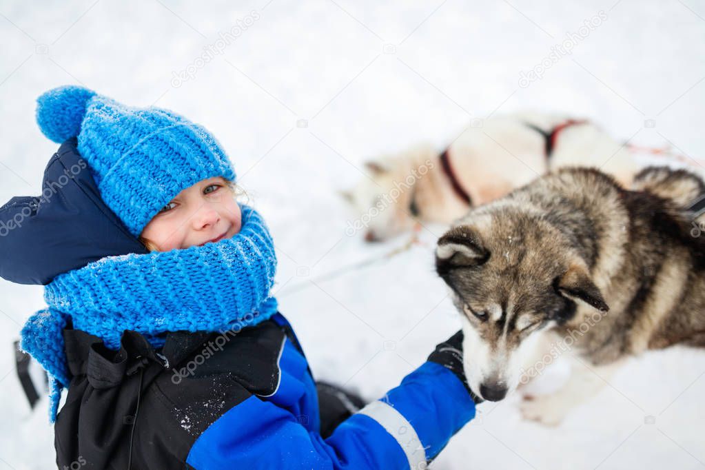 Little girl with husky dog