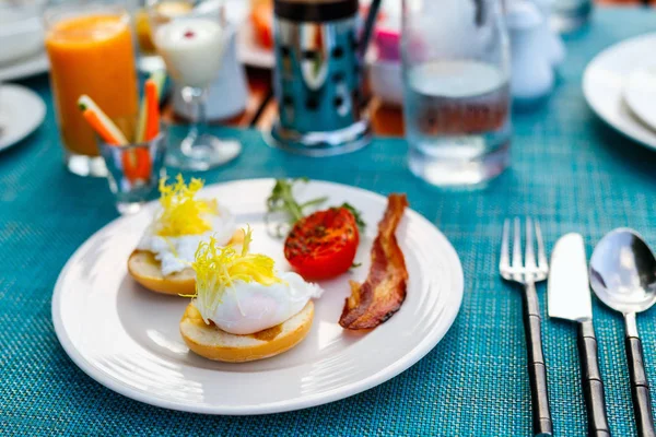 Delicious eggs served for breakfast — Stock Photo, Image