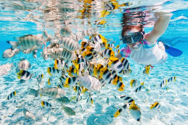 Vrouw snorkelen met tropische vissen — Stockfoto