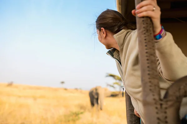 Kadın safari oyun sürücü üzerinde — Stok fotoğraf