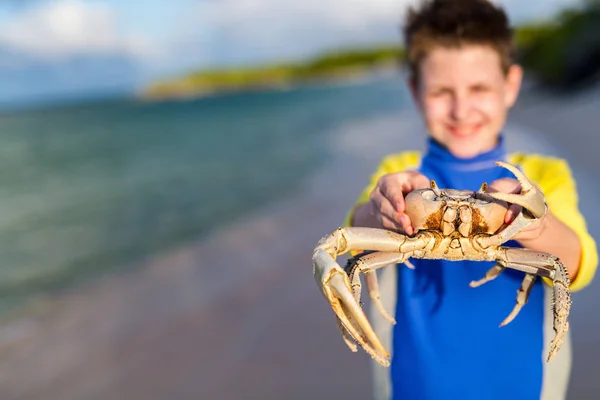 Adolescente menino segurando caranguejo — Fotografia de Stock