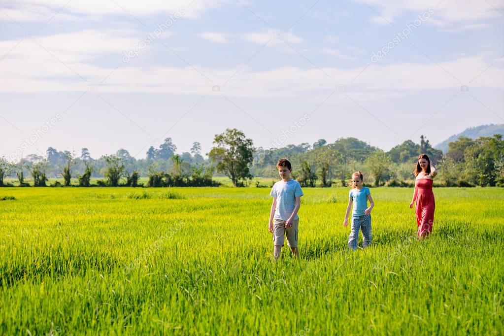 Family of mother and two kids enjoying peaceful walk in rice fields with breathtaking views over mountains in Sri Lanka