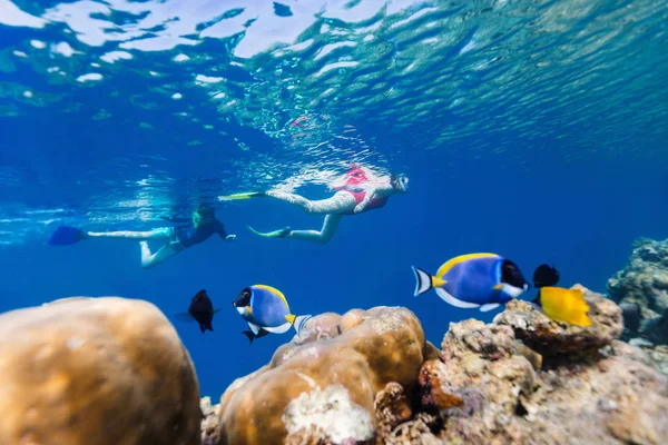 Pod Wodą Zdjęcie Rodziny Matka Syn Snorkeling Czystych Wód Tropikalnych — Zdjęcie stockowe