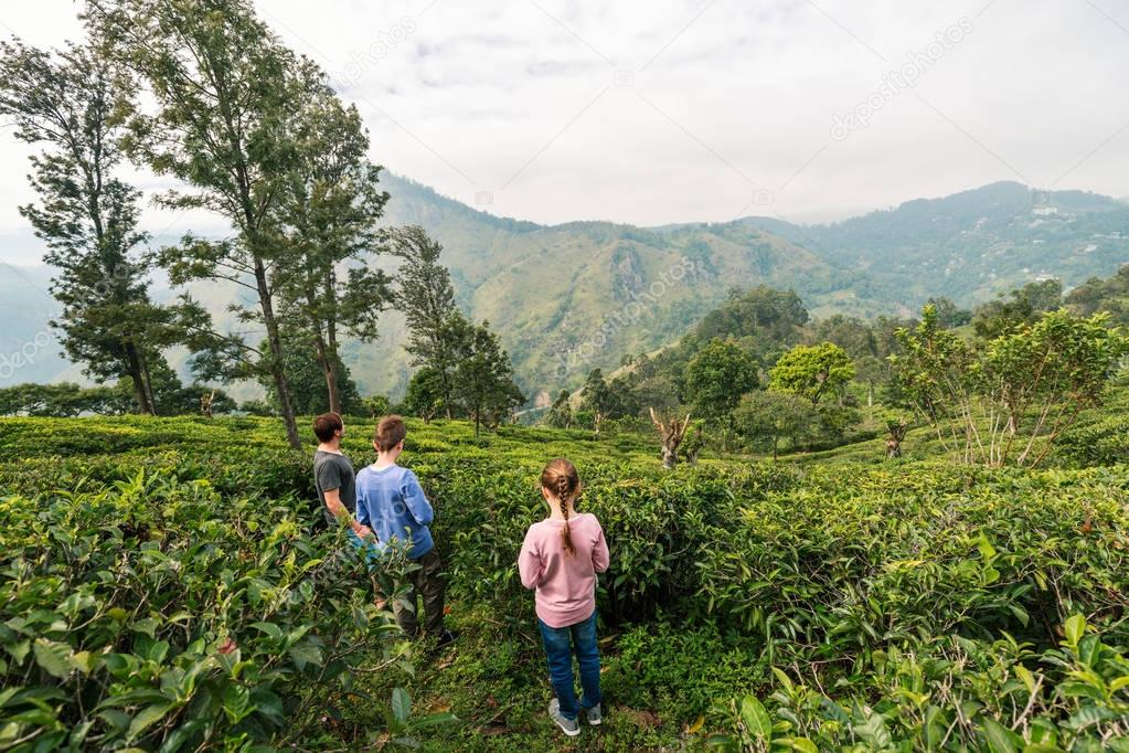 Family of father and two kids enjoying breathtaking views over mountains and tea plantations in Ella Sri Lanka