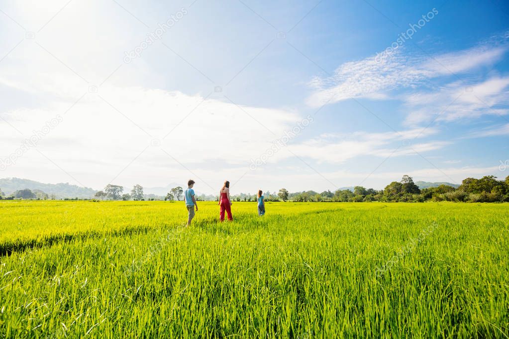 Family of mother and two kids enjoying peaceful walk in rice fields with breathtaking views over mountains in Sri Lanka