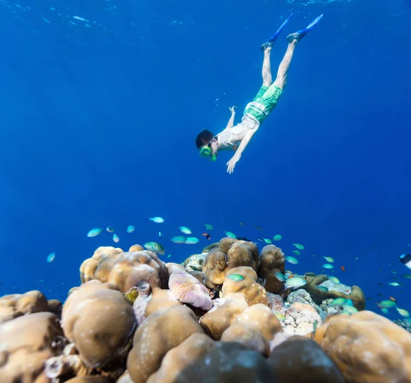 Adolescente Nadando Subaquático Águas Azul Turquesa Rasas Recife Coral Maldivas — Fotografia de Stock