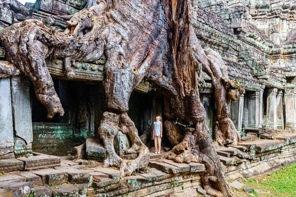 Liten Flicka Vid Gamla Preah Khan Templet Angkor Arkeologiska Området — Stockfoto