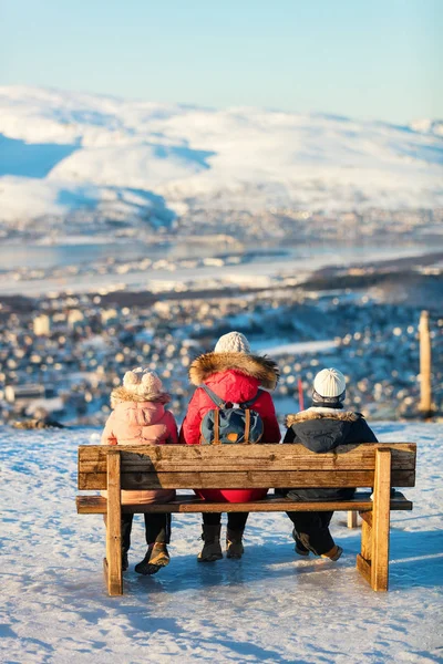 Back View Beautiful Family Mother Kids Have Pleasant Time Snowy — Stock Photo, Image