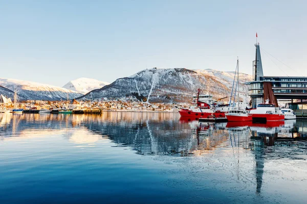 Гарні Зимовий Пейзаж Снігу Охоплює Міста Тромсе Північній Норвегії — стокове фото