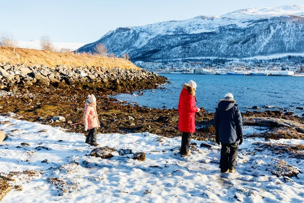 母と北ノルウェーのフィヨルドに囲まれたビーチで屋外雪に覆われた冬の日を楽しむ子供達の美しい家族 — ストック写真