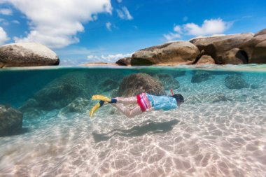 Split photo of young woman snorkeling in turquoise ocean water granite boulders on Virgin Gorda, British Virgin Islands, Caribbean clipart