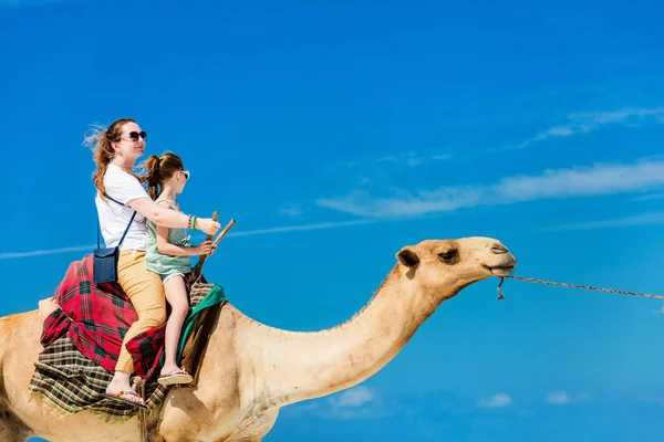 Família Mãe Filha Montando Camelo Praia Areia Branca Tropical — Fotografia de Stock