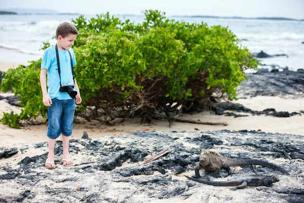 Liten Pojke Strand Med Vulkanisk Lava Klippformationer Galapagosöarna — Stockfoto