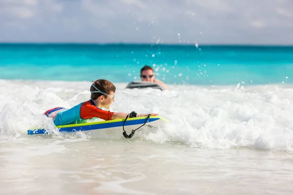 Little Boy Vacation Having Fun Swimming Boogie Board — Stock Photo, Image