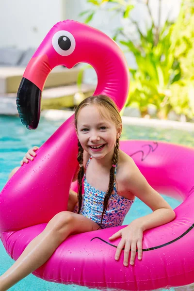 Adorable Little Girl Swimming Pool Inflatable Ring Having Fun Summer — Stock Photo, Image