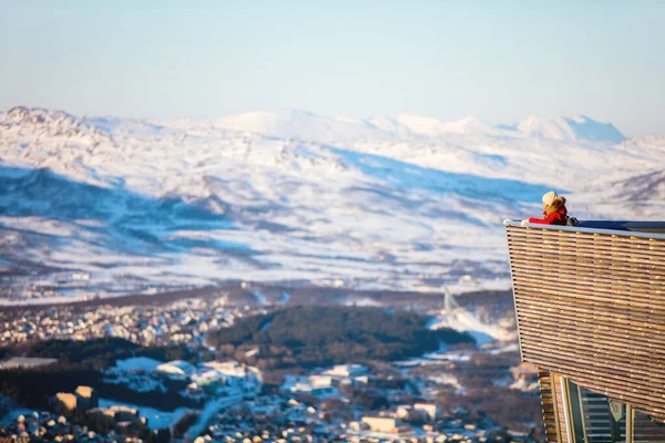 Young Female Tourist Snowy Winter Day Outdoors Enjoying Views Tromso — Stock Photo, Image