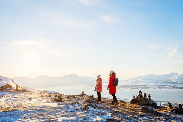 Beautiful Family Mother Daughter Enjoying Snowy Winter Day Outdoors Northern — Stock Photo, Image