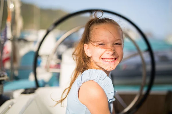 Adorable Little Girl Enjoying Sailing Luxury Catamaran Yacht — Stock Photo, Image