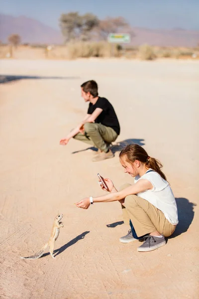 Entzückendes Mädchen Und Kleine Erdhörnchen Namibia — Stockfoto