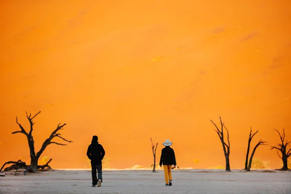 Kids Dead Camelthorn Trees Surrounded Red Dunes Deadvlei Namibia — Stock Photo, Image