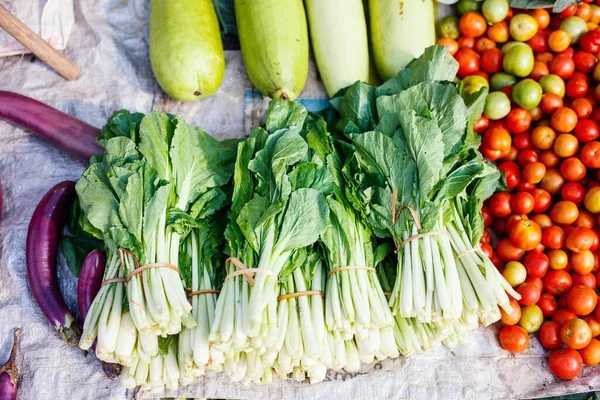 Nahaufnahme Von Frischen Bio Kräutern Und Gemüse Auf Dem Outdoor — Stockfoto