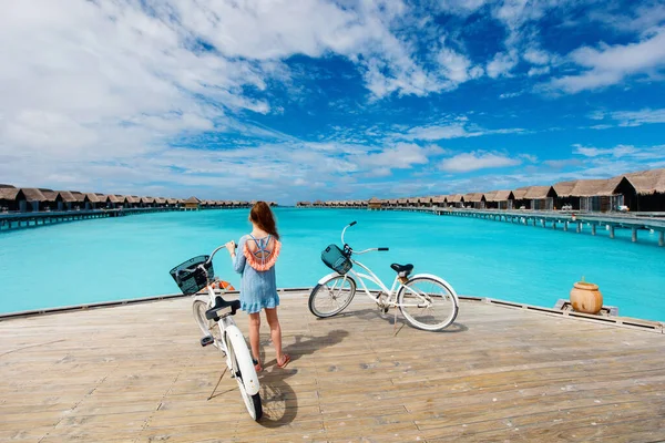 Cute Girl Riding Bike Tropical Island Enjoying Active Vacation — Stock Photo, Image