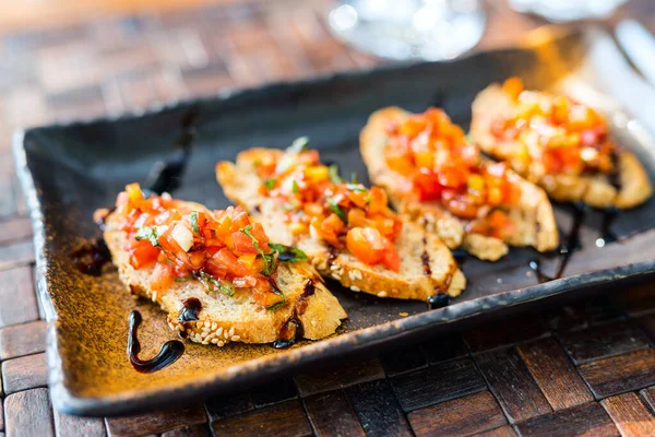 Fresh Homemade Crispy Italian Antipasto Bruschetta Topped Tomato Garlic Basil — Stock Photo, Image