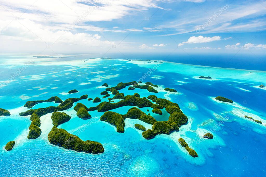 Beautiful view of tropical 70 islands national park in Palau from above