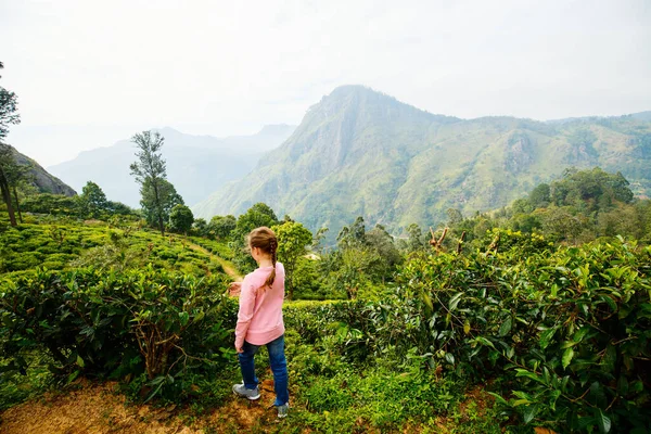 Μικρό Κορίτσι Που Απολαμβάνει Εκπληκτική Θέα Στα Βουνά Και Τις — Φωτογραφία Αρχείου