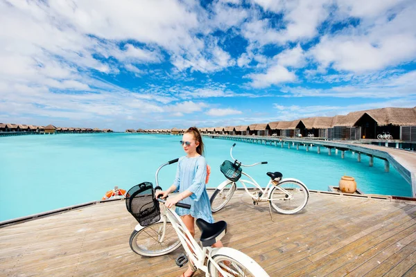 Cute Girl Riding Bike Tropical Island Enjoying Active Vacation — Stock Photo, Image